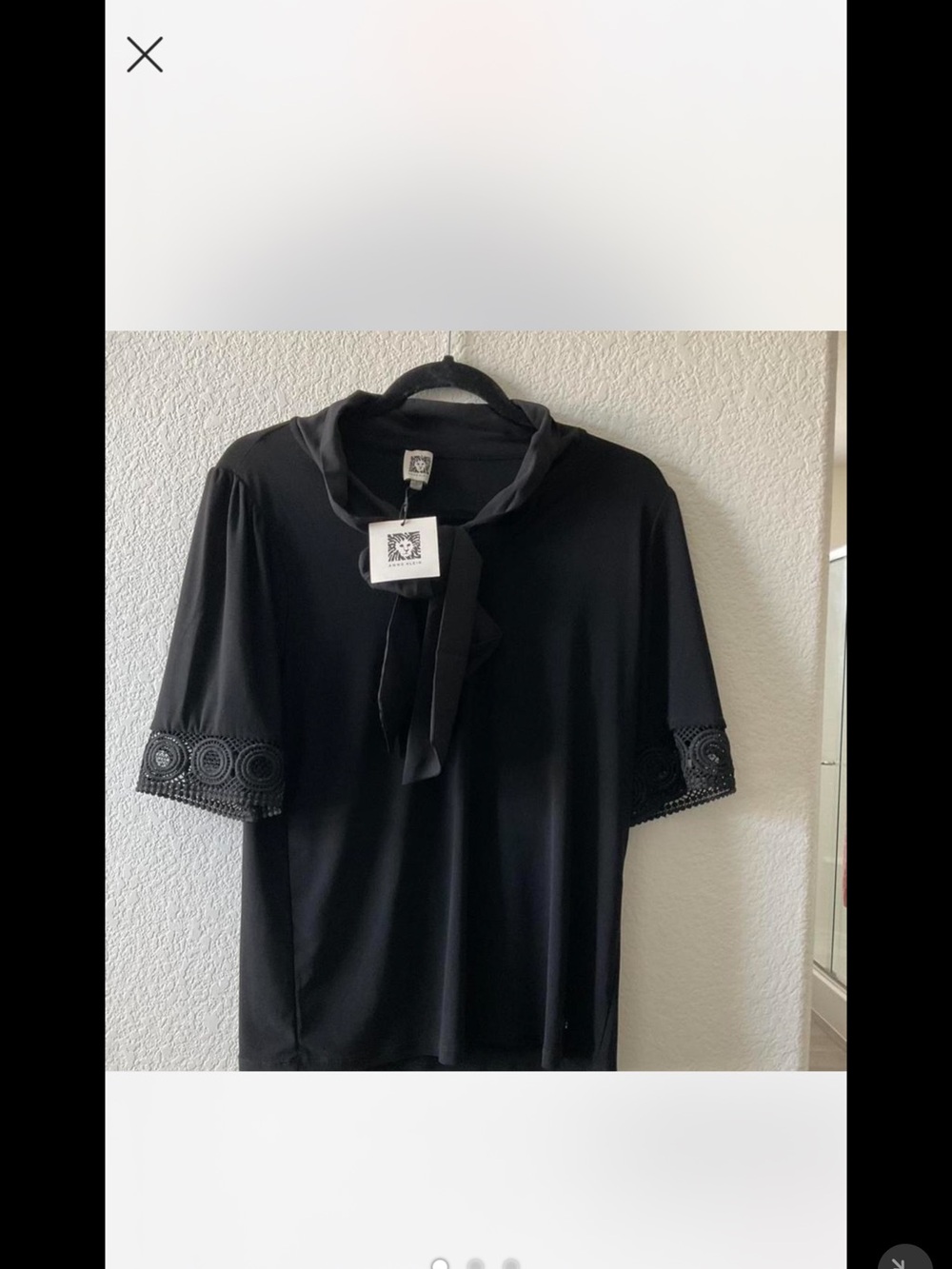Anne Klein Black Short Sleeve Top with Tie Neck and Lace Trim